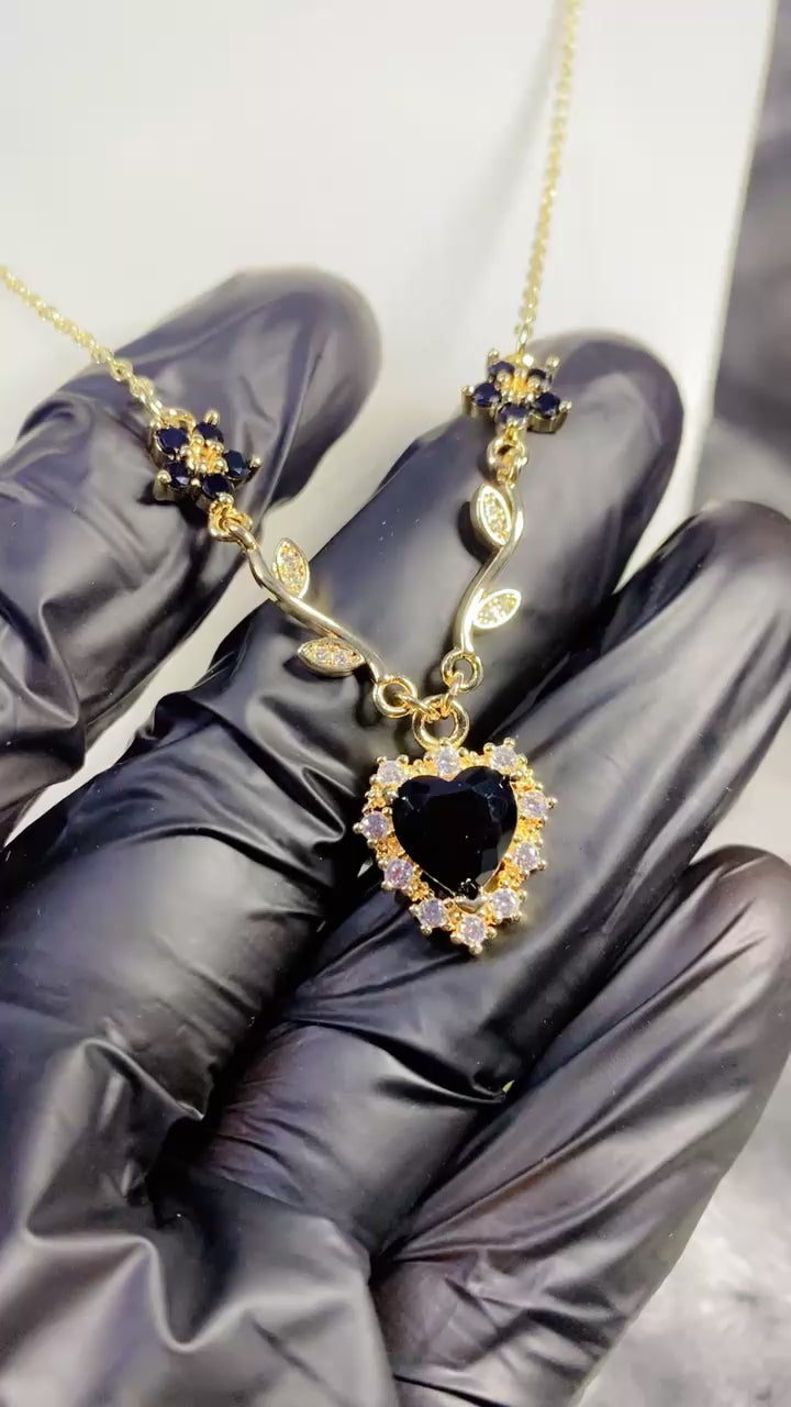Gold-Plated Black Zircon Heart and Floral Vine Pendant Necklace and Earring Set