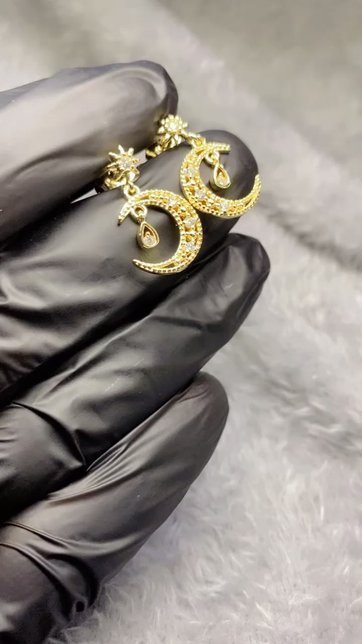 Celestial Star & Crescent Moon Pavé Dangle Earrings – 18K Gold Plated Drop Earrings