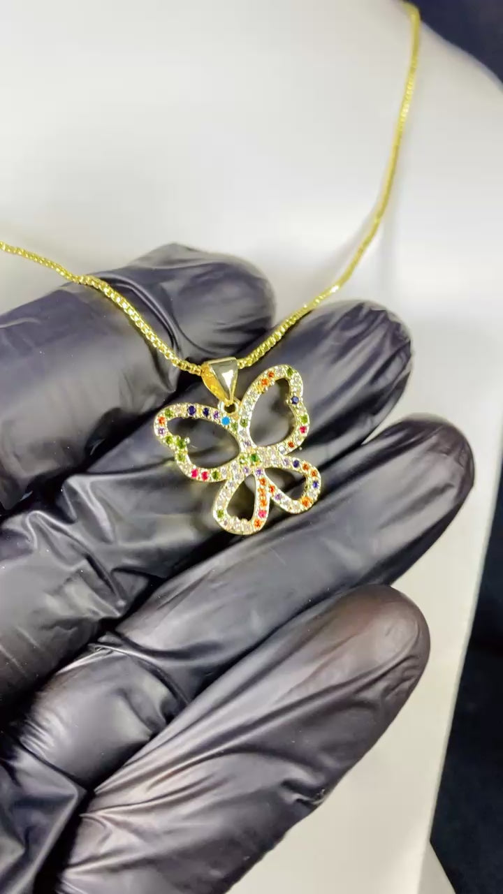 Colorful Zircon Multi-Stone Butterfly Pendant Necklace – 18K Gold Plated
