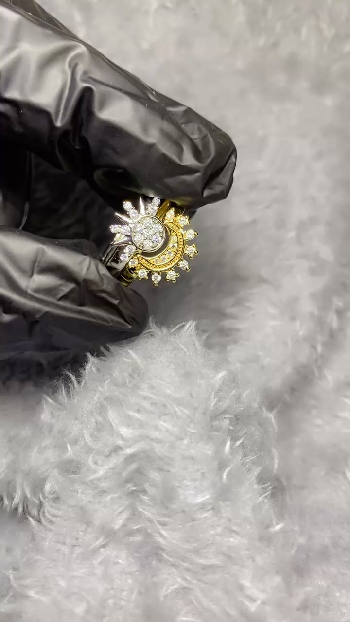 Two-Tone Celestial Sun and Moon Ring – Adjustable Stacking Band