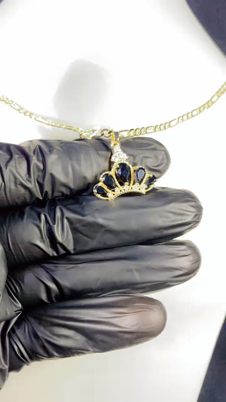 Regal Black Pear-Cut Zircon Crown Pendant Necklace