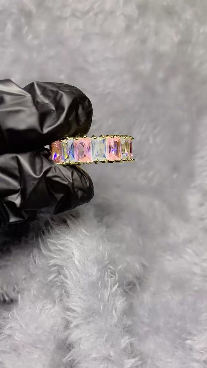 Multi-Color Baguette Crystal Zircon Band Ring – 18K Gold Plated Statement Ring