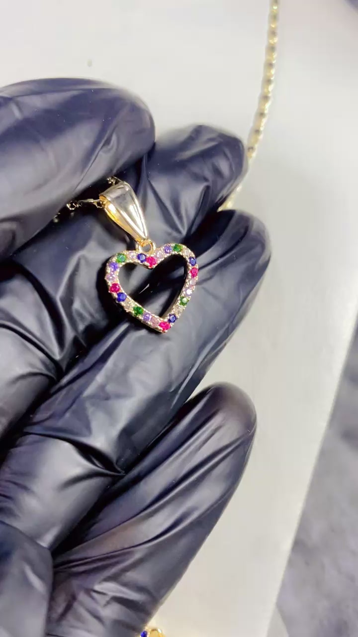 Gold-Plated Multi-Color Zircon Heart Huggie Earrings and Pendant Necklace Set