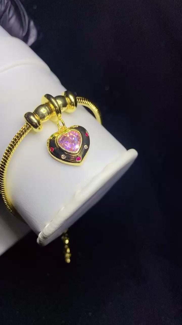 Pink Crystal Heart Charm Snake Chain Bracelet – 18K Gold Plated Romantic Jewellery for Women