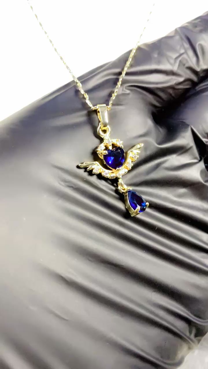 Gold-Plated Blue Zircon Heart Wings Pendant Necklace and Earring Set
