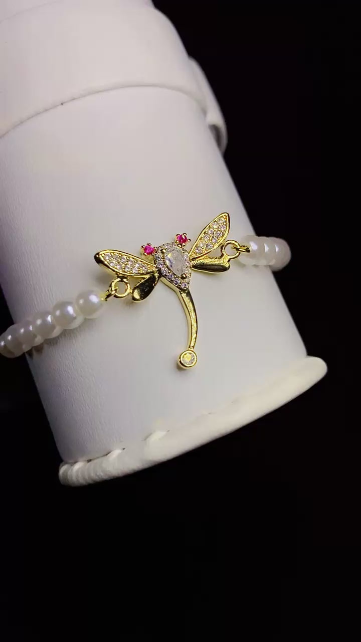 Gold-Plated White Pearl and Zircon Dragonfly Adjustable Slider Bracelet
