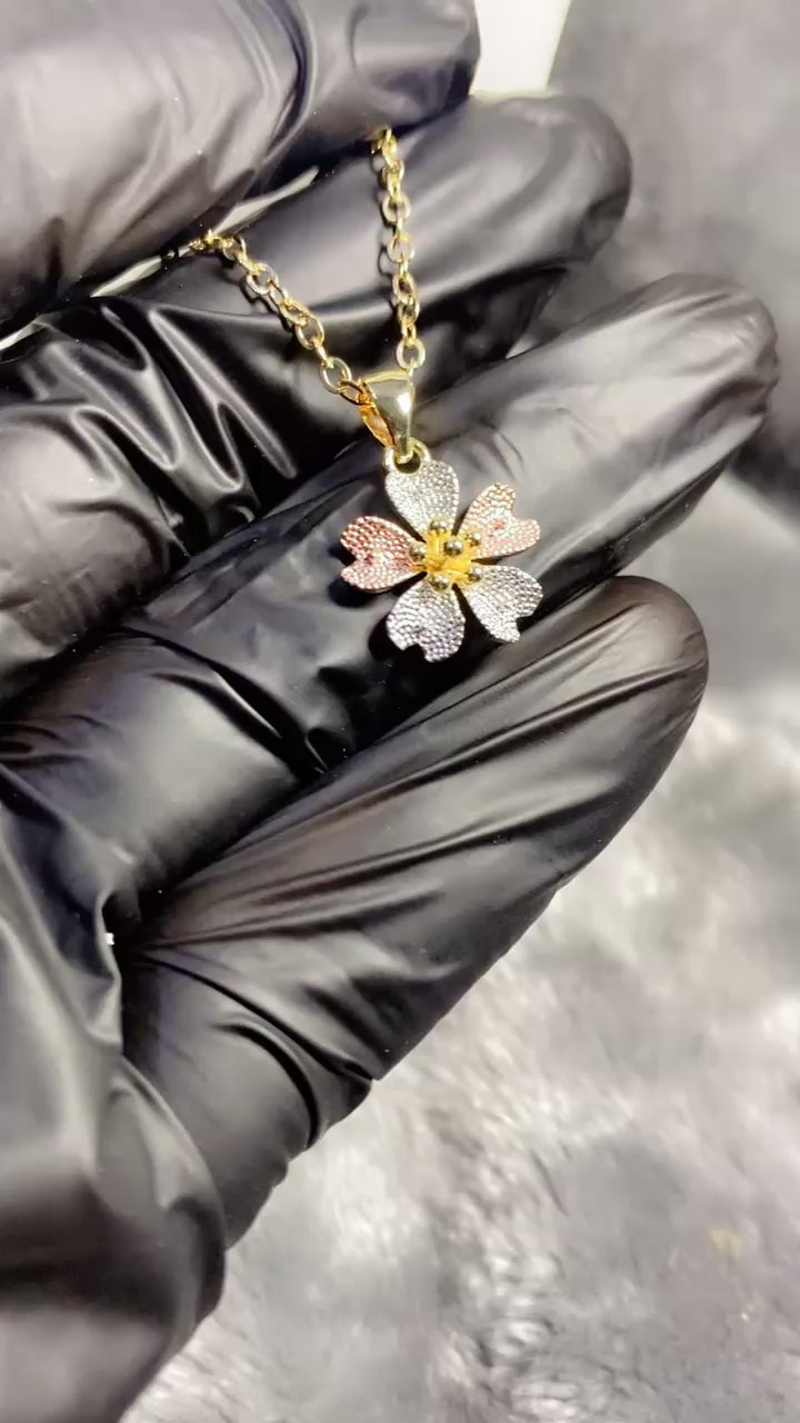 Tri-Color Zircon Flower Cluster Pendant Necklace and Earring Set