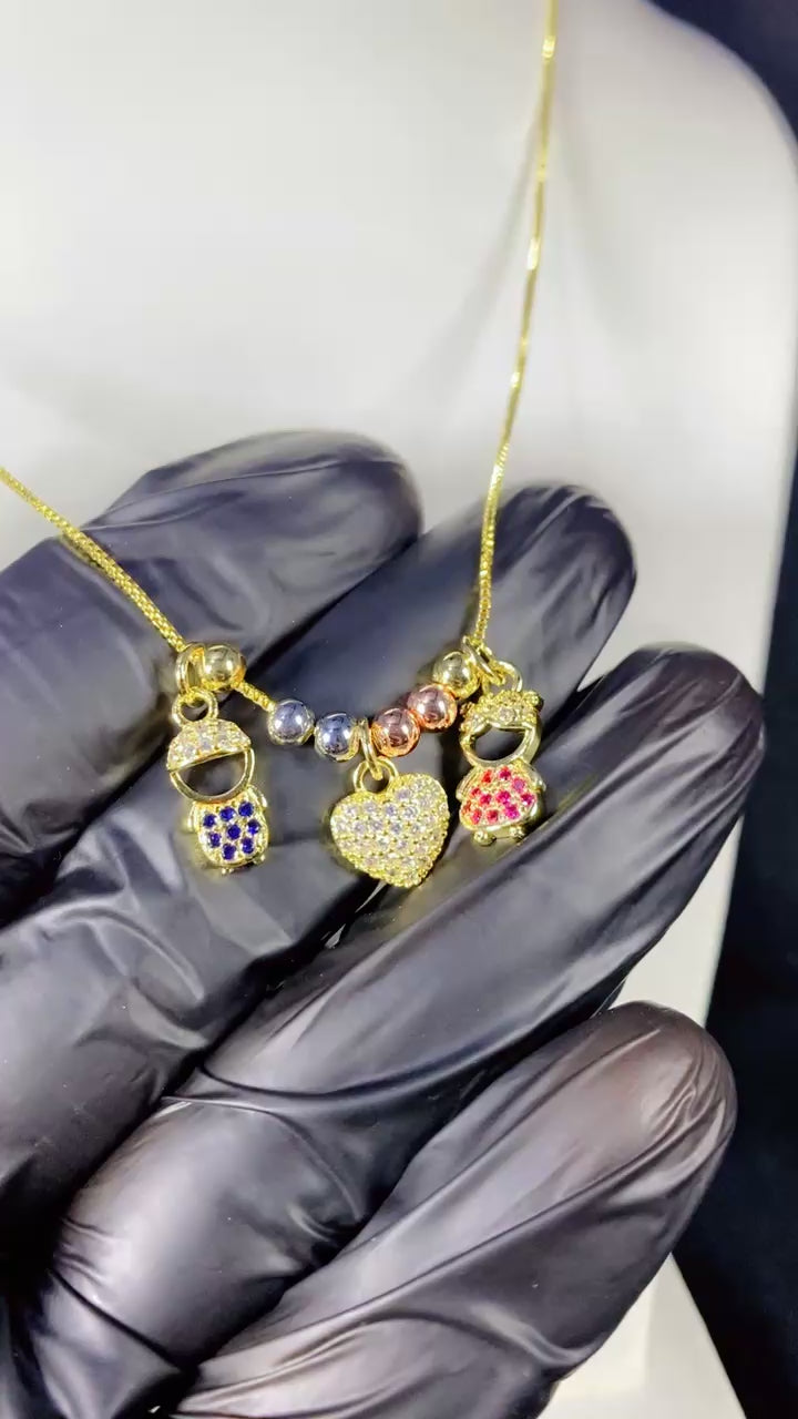 Boy, Girl & Paved Heart Multi-Charm Pendant Necklace – 18K Gold Plated Beaded Chain